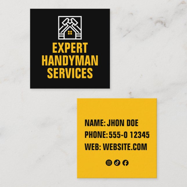 Modern Bold Black Yellow Handyman Construction Square Business Card (Front/Back)