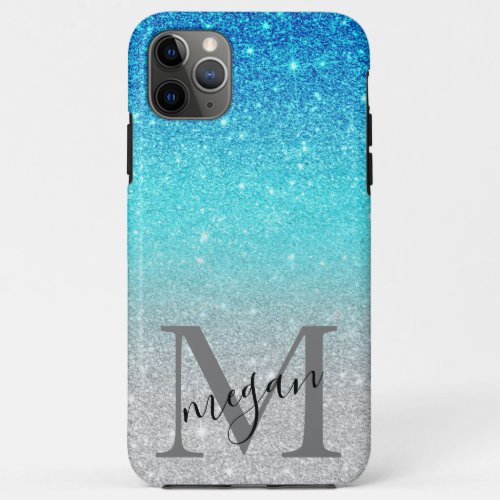 Modern bold blue glitter ombre silver monogrammed iPhone 11 pro max case