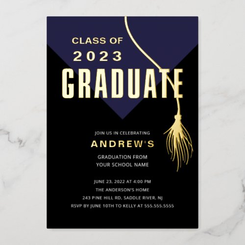 Modern Bold Blue Grad Cap Graduation Foil Invitation