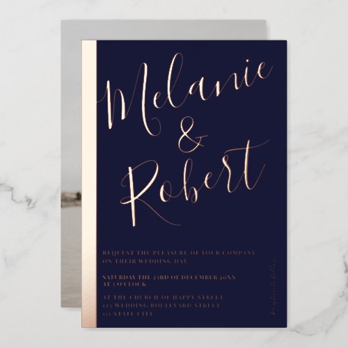 Modern bold blue wedding photo rose gold stripe foil invitation