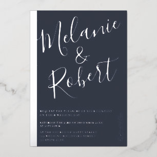 Modern bold blue wedding photo silver stripe foil invitation