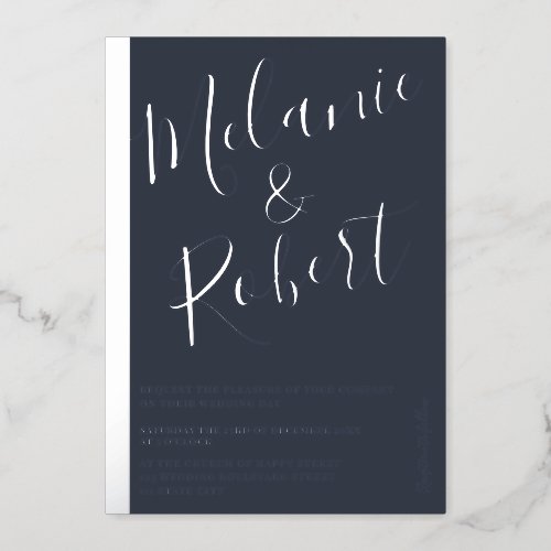 Modern bold blue wedding photo silver stripe foil invitation