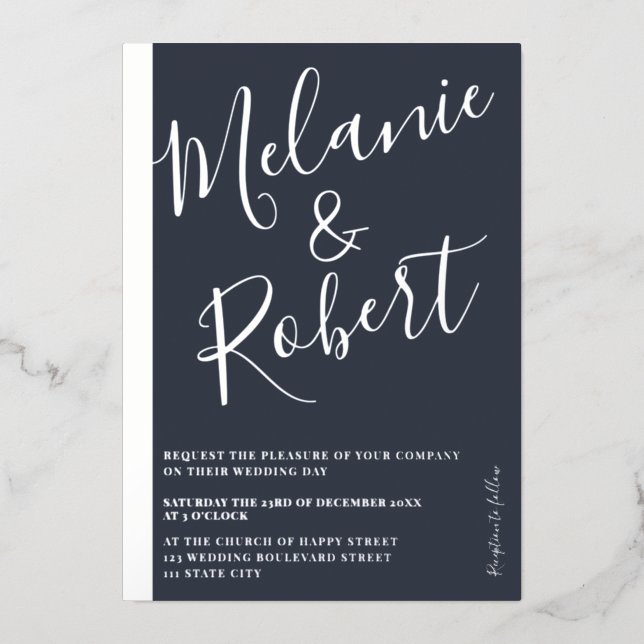 Modern bold blue wedding photo silver stripe foil invitation (Front)
