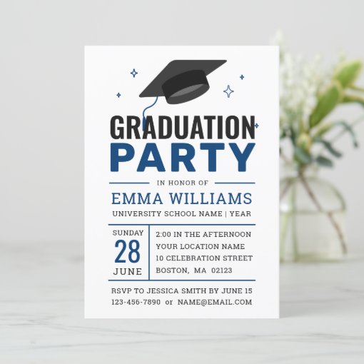 Modern Bold Blue White Photo Graduation Party Invitation 