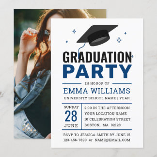 Modern Bold Blue White Photo Graduation Party Invitation
