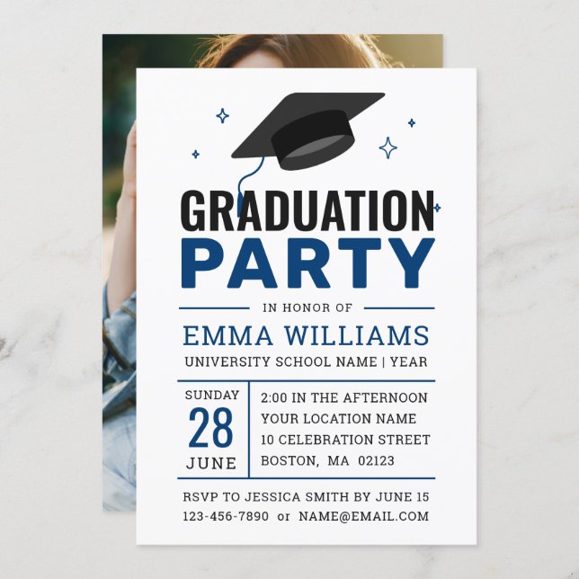 Modern Bold Blue White Photo Graduation Party Invitation (Front/Back)