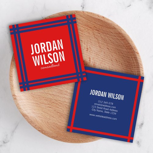 Modern Bold Border Red and Blue Square Business Card