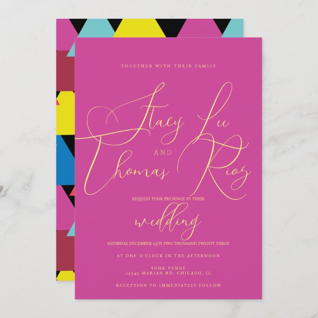 Modern Bold Bright and Colorful Script Wedding  Invitation (Front/Back)