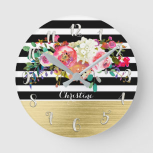 Modern Bold Bright Floral Watercolor & Stripes Round Clock