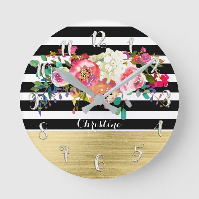 Modern Bold Bright Floral Watercolor & Stripes Round Clock (Front)