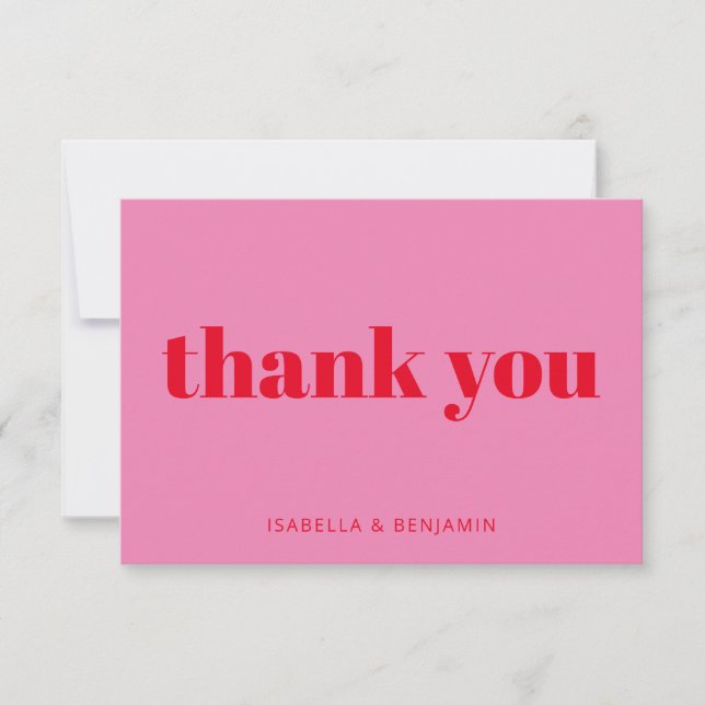 Modern Bold Bright Pink and Red Custom Wedding Thank You Card (Front)