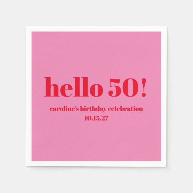 Modern Bold Bright Pink Red 50th Birthday Custom Napkins (Front)