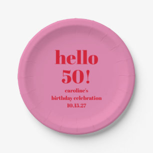 Modern Bold Bright Pink Red 50th Birthday Custom Paper Plates
