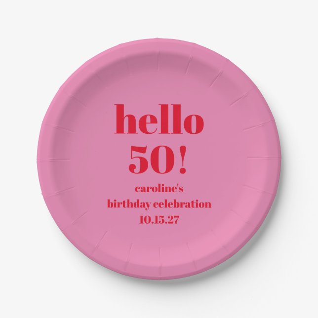 Modern Bold Bright Pink Red 50th Birthday Custom Paper Plates (Front)