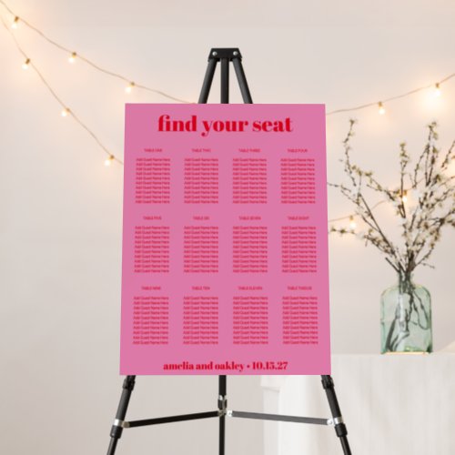 Modern Bold Bright Pink Red Wedding Seating Chart Foam Board