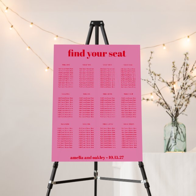 Modern Bold Bright Pink Red Wedding Seating Chart Foam Board (In Situ (Stand))