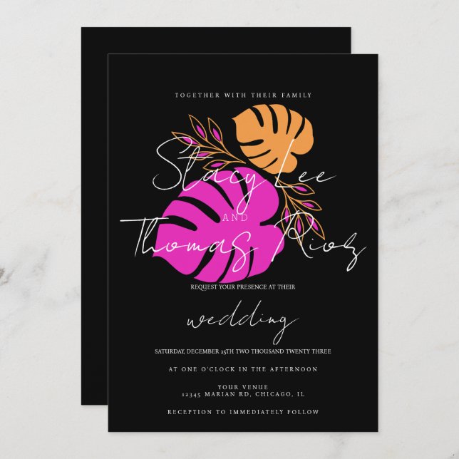 Modern Bold Bright Tropical Pink Orange Wedding Invitation (Front/Back)