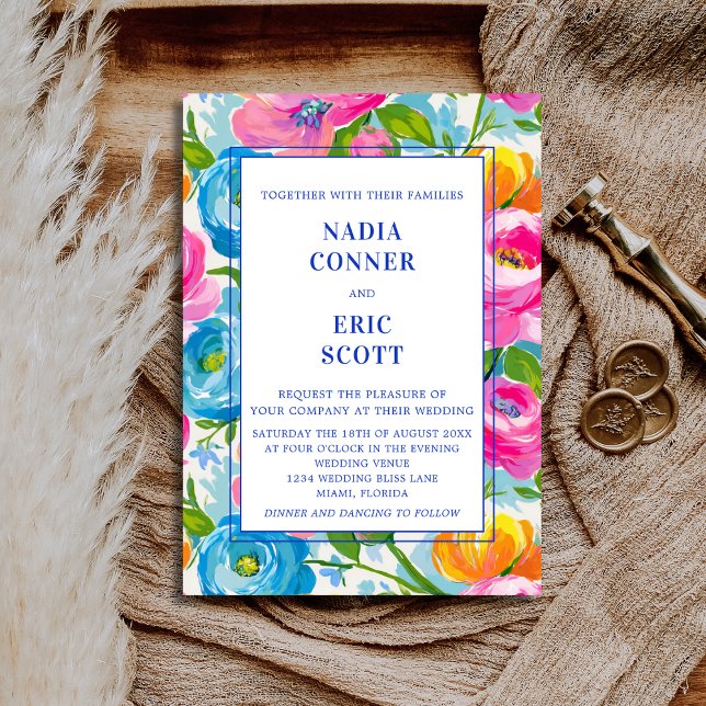 Modern Bold Bright Vibrant Colorful Floral Wedding Invitation (Creator Uploaded)