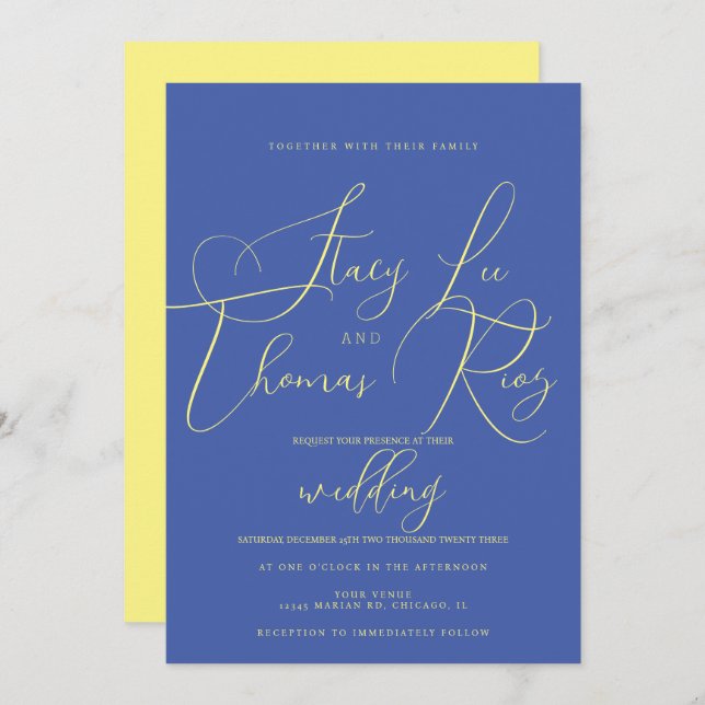 Modern Bold Bright Yellow Blue Script Wedding  Invitation (Front/Back)