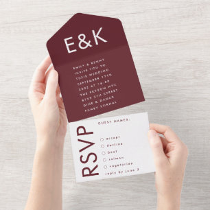 Modern Bold Burgundy Maroon Monogram Wedding All In One Invitation