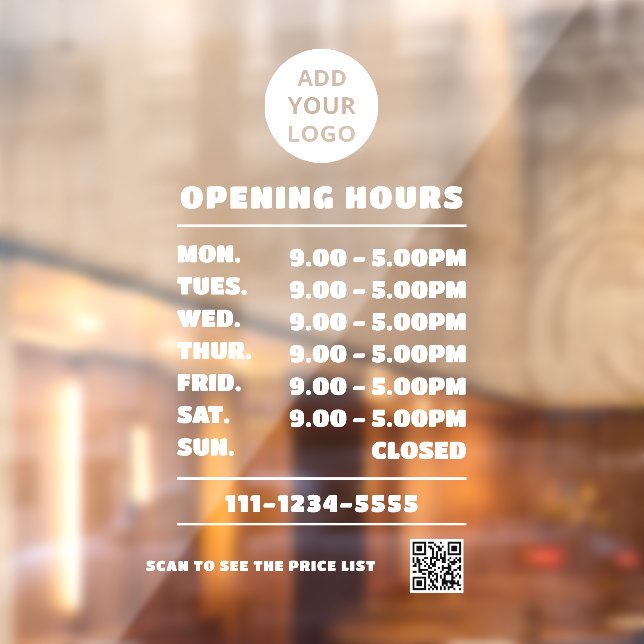 Modern Bold Business Opening Hours logo qr code  Window Cling (Sheet 2)