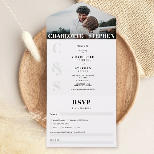 Modern bold casual initials photo wedding all in one invitation