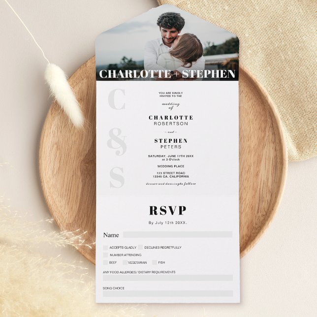Modern bold casual initials photo wedding all in one invitation (Creator Uploaded)