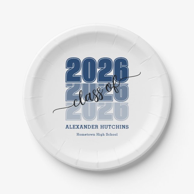 Modern Bold Class 2026 Navy Blue Graduation Party Paper Plates (Front)
