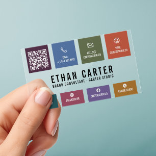 Modern Bold Color Block Professional Icons QR Code Clear Business Cards
