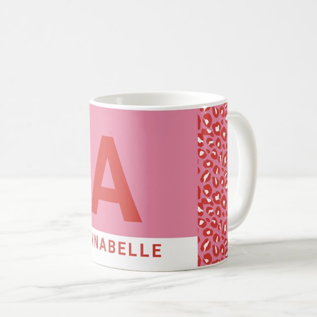 Modern bold colorblock pink animal print name coffee mug (Front Right)