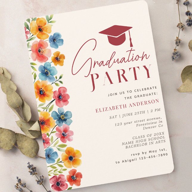 Modern Bold Colorful Floral Watercolor Graduation Invitation (Creator Uploaded)