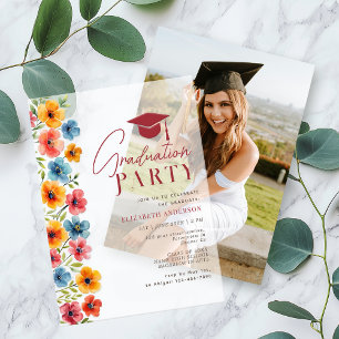 Modern Bold Colorful Floral Watercolor Graduation Vellum Invitations