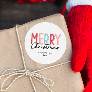 Modern Bold Colorful Merry Christmas Family Name Classic Round Sticker