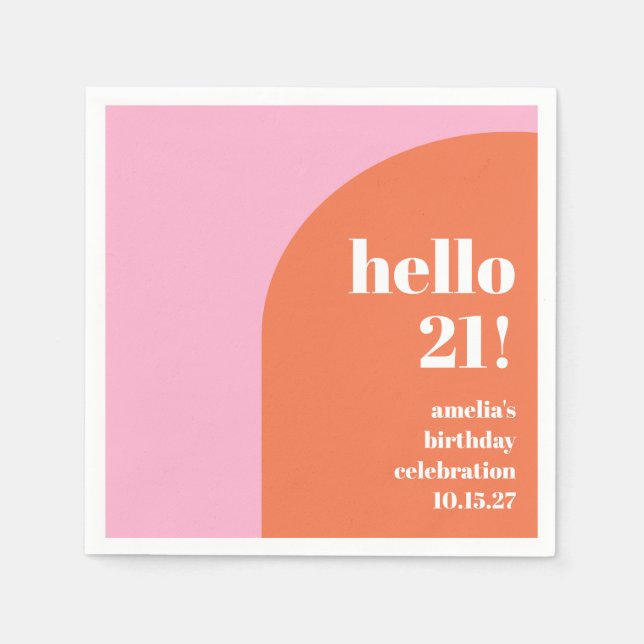 Modern Bold Cute Pink Orange 21st Birthday Custom Napkins (Front)