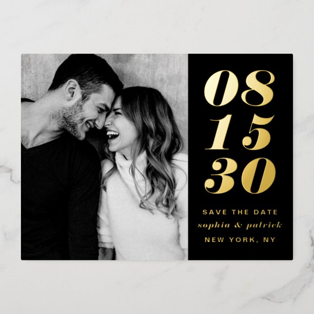 Modern Bold Date Typography Black Save the Date Foil Invitation Postcard (Front)