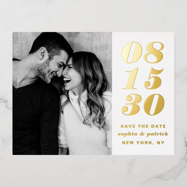 Modern Bold Date Typography Photo Save the Date Foil Invitation Postcard (Front)