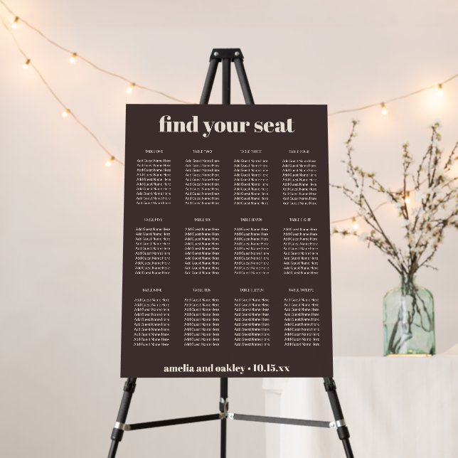 Modern Bold Earthy Brown Wedding Seating Chart Foam Board (In Situ (Stand))