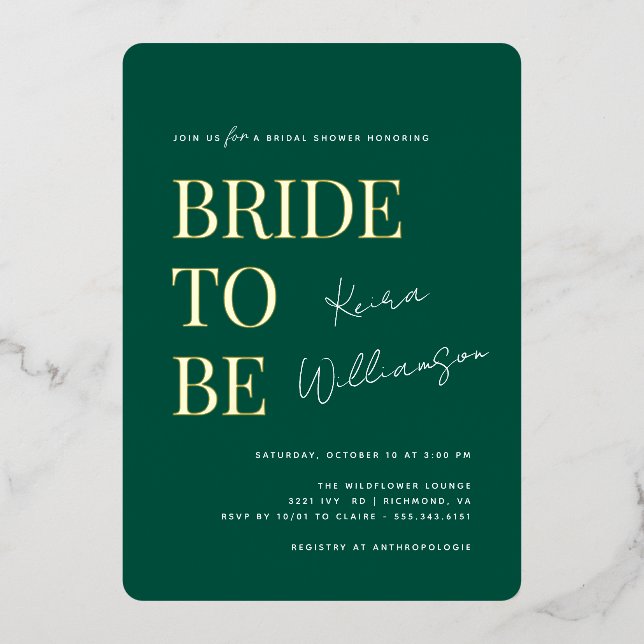 Modern Bold Emerald Green and Gold Bridal Shower Foil Invitation (Front)
