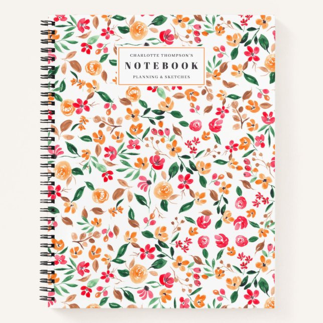 modern bold fall floral watercolor name notebook (Front)