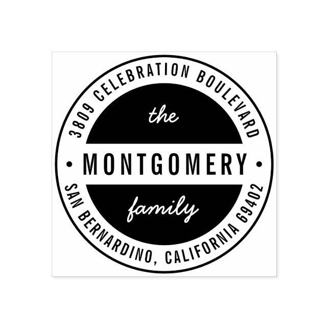 Modern Bold Family Name Round Return Address Rubber Stamp (Imprint)