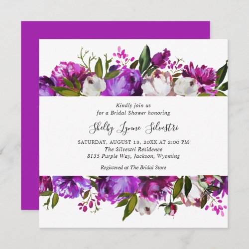 Modern Bold Floral Bright Purple Bridal Shower Invitation