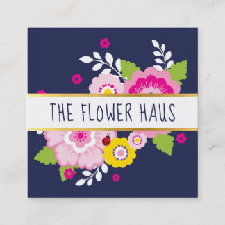 MODERN BOLD FLORAL colorful blooms navy pink Square Business Card