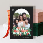 Modern Bold Floral Happy Holidays Arch Photo Holiday Card<br><div class="desc">This beautiful photo Holiday card features hand drawn floral elements in various shades of coral, red-orange, mint, teal, lime, and green. Included are pine, flowers, sprigs, leaves, berries, and buds, along with modern typography in white, reading, "Happy Holidays." The background color is pure black, and the back of the card...</div>