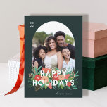 Modern Bold Floral Happy Holidays Arch Photo Holiday Card<br><div class="desc">This beautiful photo Holiday card features hand drawn floral elements in various shades of coral, red-orange, mint, teal, lime, and green. Included are pine, flowers, sprigs, leaves, berries, and buds, along with modern typography in white, reading, "Happy Holidays." The background color is a deep evergreen, and the back of the...</div>