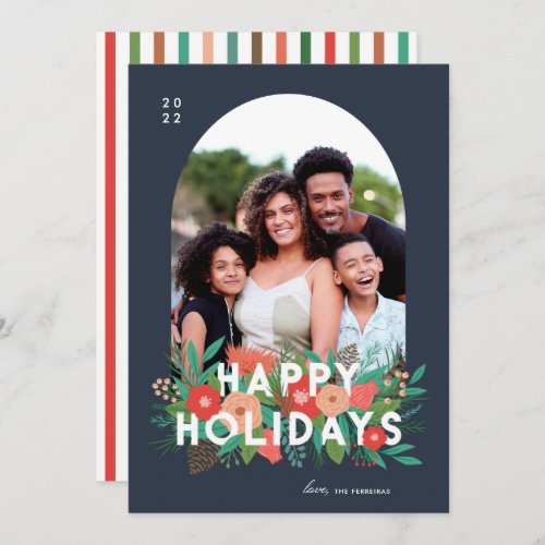 Modern Bold Floral Happy Holidays Arch Photo Holiday Card