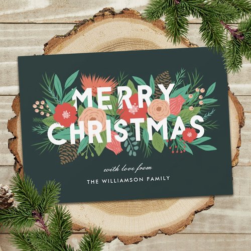 Modern Bold Floral Merry Christmas Family Name Holiday Card