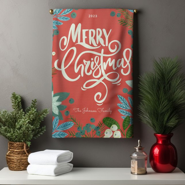 Modern Bold Floral Merry Christmas  Kitchen Towel (Modern Bold Floral Merry Christmas Kitchen Towel)