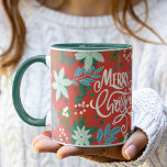 Modern Bold Floral Merry Christmas Mug<br><div class="desc">This beautiful Christmas mug features hand drawn floral elements in various shades of green,  mint,  teal,  off-white. Included are pine,  flowers,  sprigs,  leaves,  berries along with modern hand lettered in off-white,  reading,  "Merry Christmas." The background color is a Christmas traditional,  classical red.Original Artwork by Caroline Bonne Müller</div>