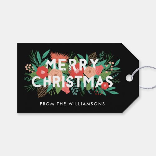 Modern Bold Floral Merry Christmas Name Gift Tags