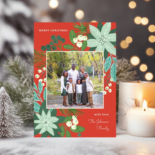 Modern Bold Floral Merry Christmas Photo Holiday Card